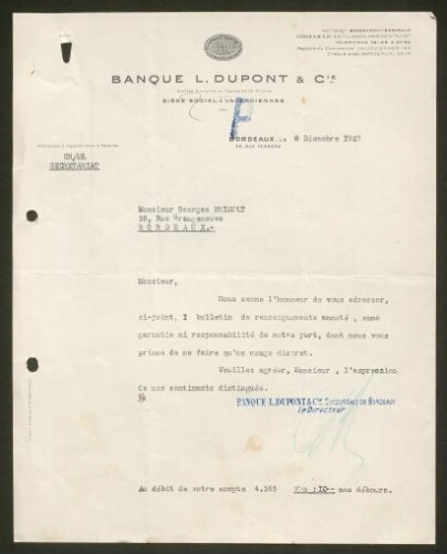 Lettre tapuscrite de la Banque L. Dupont et Compagnie adressée à M. Georges Briault, datée du 8 décembre 1927