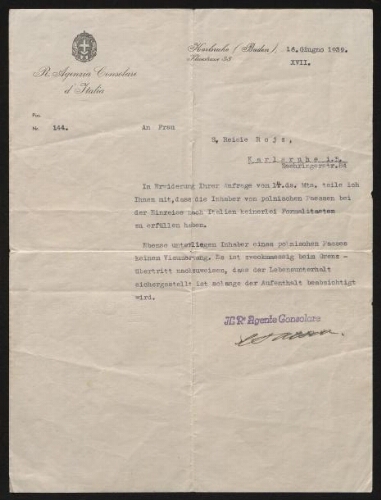 "Les détenteurs de passeports polonais n'ont à remplir aucune formalité pour entrer en Italie" - Le Consul d'Italie en Allemagne s'adresse à Reisie Rojz en juin 1939