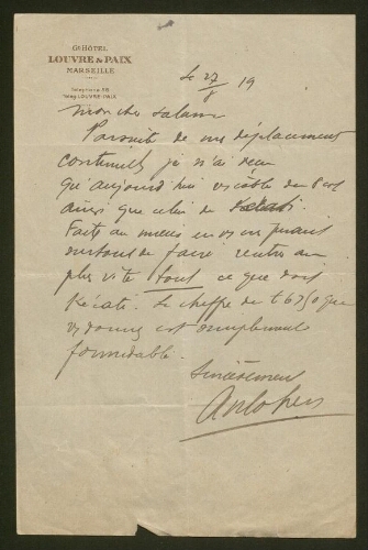 Lettre manuscrite adressée à Salomon Salama (1919)
