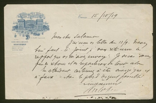 Lettre manuscrite de illisible adressée à Salomon Salama, datée du 15 octobre 1919