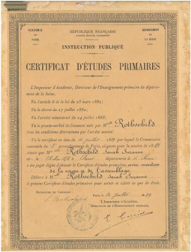 Certificat d'études primaires délivré à Sarah Suzanne Rothschild le 20 juillet 1889