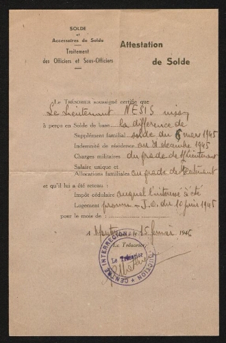Attestation de solde du lieutenant Nesis Nison, datée du 15 février 1946