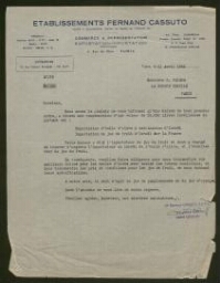 Lettre tapuscrite d'André Cassuto adressée à M. S. Salama, datée du 21 avril 1952