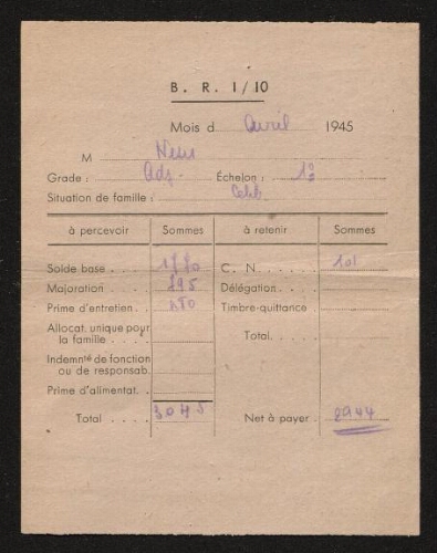 B.R.I /10 - Solde de l'adjudant Nesis du mois d'avril 1945