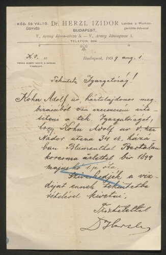 Le Dr. Izidor Herzl établit son cabinet d'avocat chez son cousin Theodor   1er août 1899