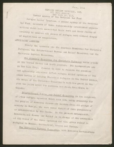 Rapport tapuscrit du Refugee Relief Trustees, daté de juin 1944