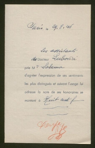Note d'honoraires des assistants du Dr Leibovici adressée à M. Salama, datée du 29 août 1946
