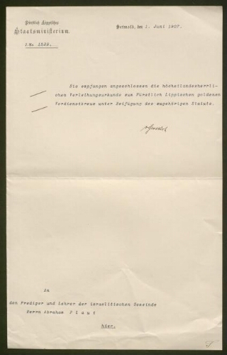 Lettre tapuscrite  à Abraham Plaut, datée du 1er juin 1907