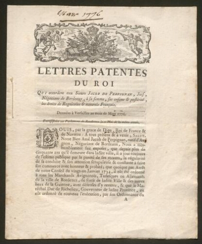 Louis XVI accorde au Juif Jacob de Perpignan et à sa famille, les droits de Régnicoles et naturels François