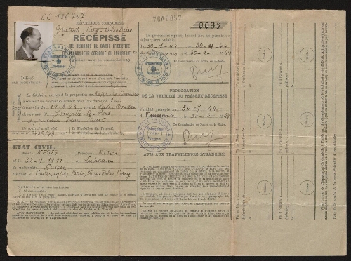 Récepissé de demande de carte d'identité de travailleur agricole ou industriel au nom de Nison Nesis, valable du 30 janvier 1944 au 29 octobre 1944