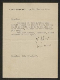 Lettre tapuscrite de la secrétaire de David Weill adressée à M. Otto Grantoff (sic), datée du 15 février 1936
