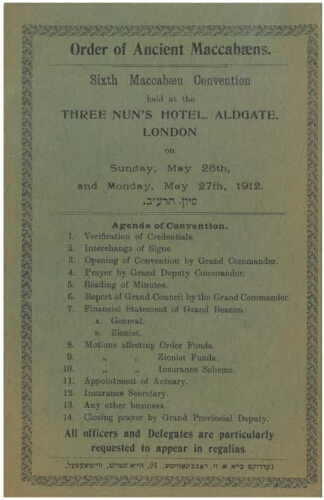 Order of Ancient Maccabaens - Sixième Convention des Maccabaens, tenue à Londres les 26 et 27 mai 1912