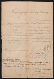 Szegénységi bizonyítvány ("certificat de pauvreté") au nom d'Israël Hermann, daté du 19 décembre 1881