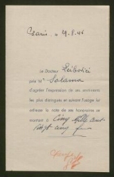 Note d'honoraires du Dr Leibovici adressée à M. Salama, datée du 29 août 1946
