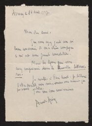 Lettre manuscrite d'André Spire adressée à Maurice Martin du Gard, datée du 24 avril 1936
