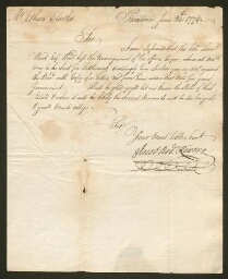 Lettre manuscrite de Mr Jacob Rivera adressée à Mr Ethan Clarke, exécuteur testamentaire du Gouverneur Samuel Ward