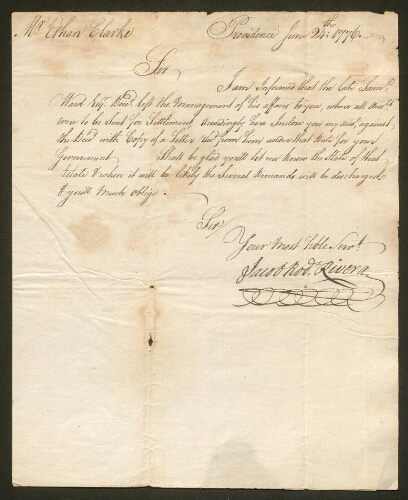 Lettre manuscrite de Mr Jacob Rivera adressée à Mr Ethan Clarke, exécuteur testamentaire du Gouverneur Samuel Ward