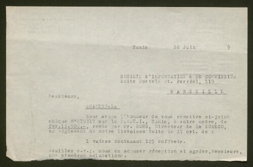 Lettre tapuscrite de la Société d'Inportation et de Commission, datée du 28 juin 1949