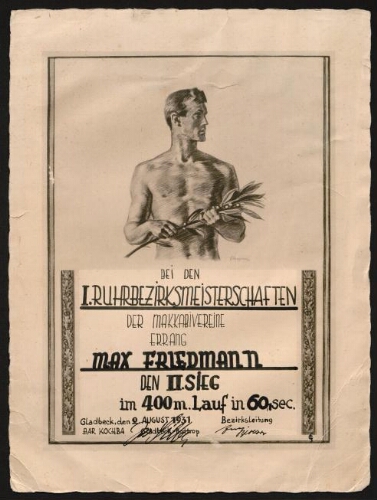 Max Friedmann, vainqueur à la course des 400 mètres aux Maccabi datée du 2 août 1931