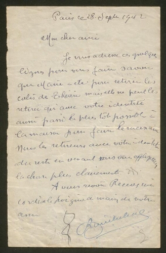 Lettre accompagnant le colis alimentaire adressé à Drancy (septembre 1942)