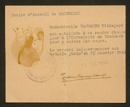 Hildegard Tajoburg, internée au camp du Récébédou, est autorisée à se rendre à l'Université de Toulouse (1940)