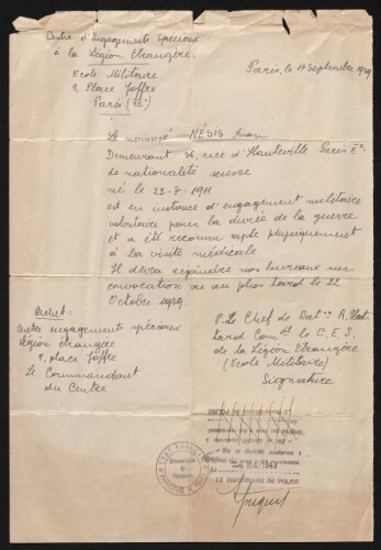 Nison Nesis  en instance d'engagement militaire volontaire, dissimule sa nationalité roumaine  17 septembre 1939