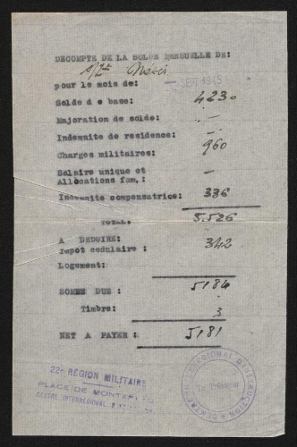 Décompte de la solde mensuelle du sous-lieutenant Nesis, datée de septembre 1945