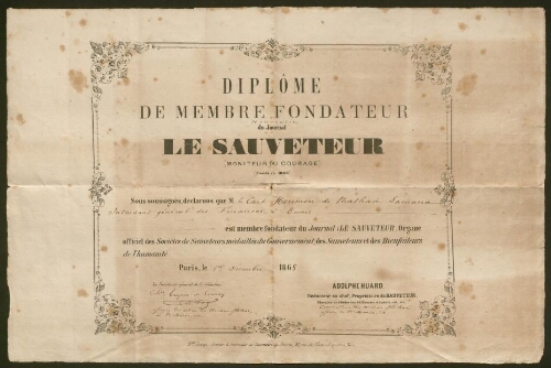 Diplôme de Membre Fondateur honoraire du Journal Le Sauveteur au nom du Caïd Moumou de Nathan Samama (1868)