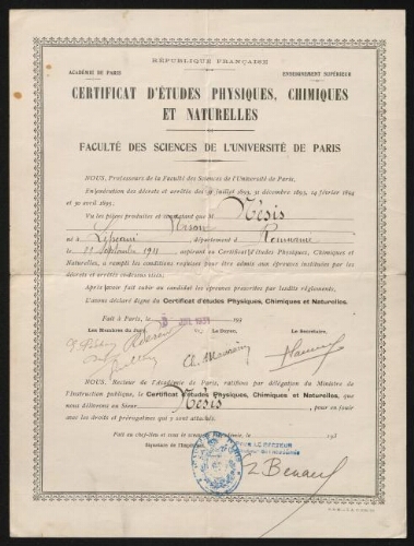Certificat d'études physiques, chimiques et naturelles délivré à Nison Nesis, daté du 3 juillet 1931