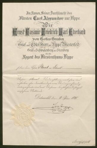 Document officiel du Prince régnant concernant Abraham  Plaut, daté du 9 juin 1898