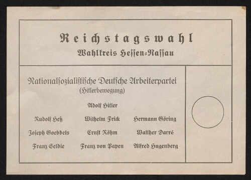 Bulletin de vote au Parlement pour Adolf Hitler