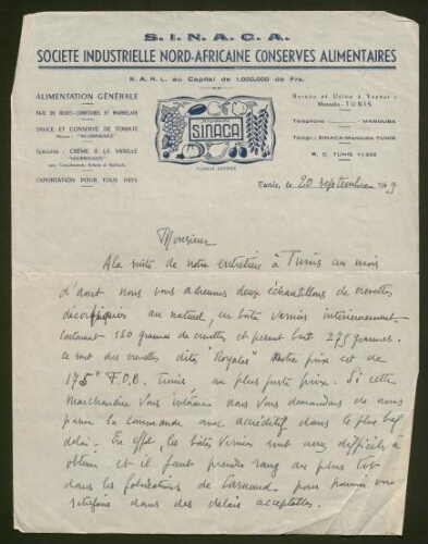 Lettre manuscrite de Joseph Illisible, datée du 20 septembre 1949