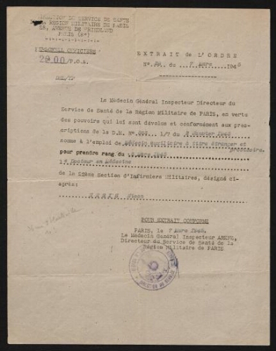 Nomination de Nison Nesis à l'emploi de Médecin auxiliaire à titre étranger et provisoire, datée du 7 mars 1945