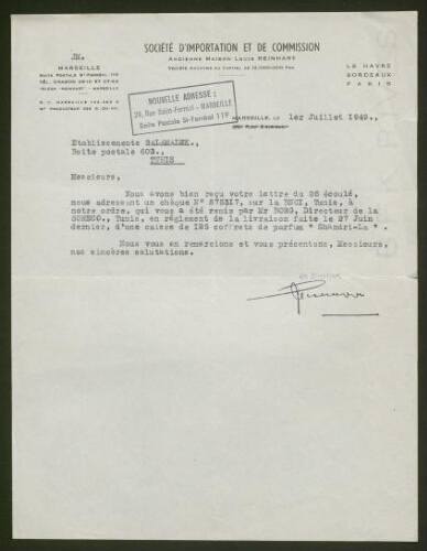 Lettre tapuscrite de la Société d'Inportation et de Commission, datée du 1er juillet 1949
