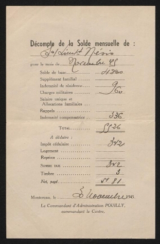 Décompte de la solde mensuelle de sous-lieutenant Nesis, datée du 30 novembre 1945