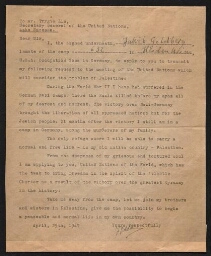 Lettre tapuscrite de Jakob Goldberg adressée à Trygve Lie, Secrétaire Général des Nations Unies, datée du 25 avril 1947