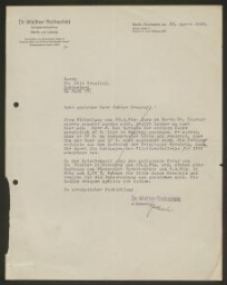 Lettre tapuscrite du Dr. Walther Rothschild adressée au Dr. Otto Grautoff, datée du 22 avril 1933