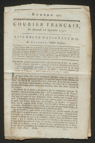 L'Emancipation des Juifs , Compte rendu du Courier français  (28 septembre 1791)
