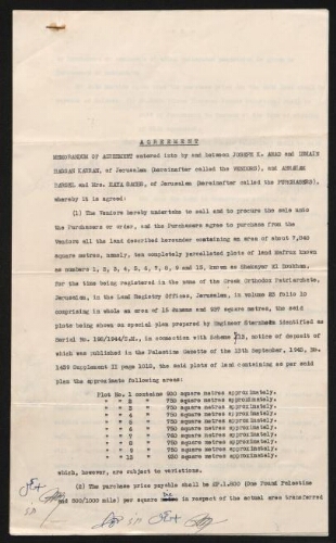 Memorandum of Agreement - Contrat d'acquisition d'un terrain entre Joseph K. Awad et Ismain Hassan Karran d'une part et Abraham Barsel et Mme Haya Sachs d'autre part, daté du 18 septembre 1945