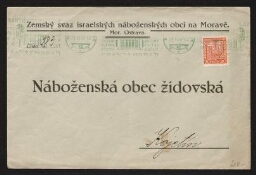 Enveloppe timbrée à en-tête de la "Zemsky svaz israelskych nabozenskych obci na Morave" adressée à "Nabozenska obec zidovska" (Kajetin), datée du 24 juin 1935