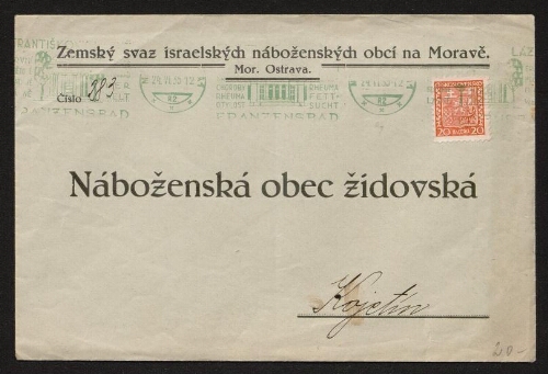 Enveloppe timbrée à en-tête de la "Zemsky svaz israelskych nabozenskych obci na Morave" adressée à "Nabozenska obec zidovska" (Kajetin), datée du 24 juin 1935