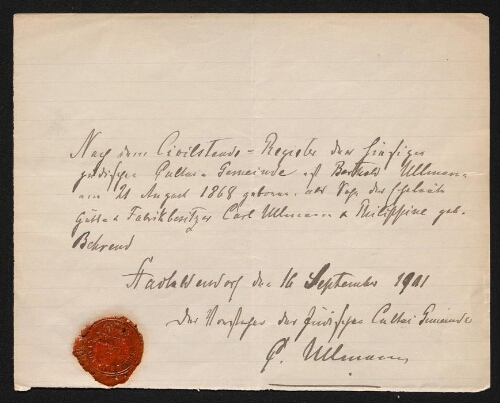 Document manuscrit signé de G. Ullmann, daté du 16 septembre 1901