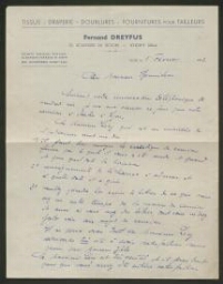 Lettre manuscrite de Fernand Dreyfus adressée à M. Bomichon, probablement lettre codée, datée du 1er février 1942