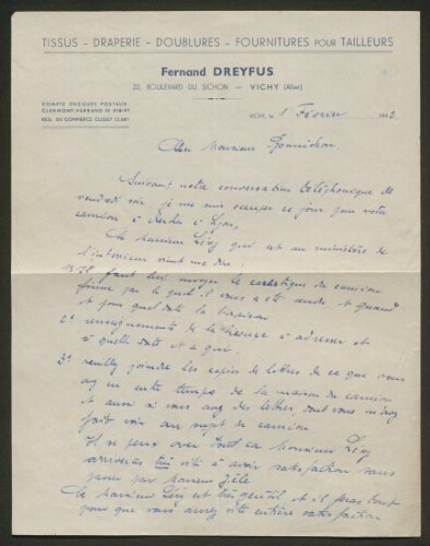 Lettre manuscrite de Fernand Dreyfus adressée à M. Bomichon, probablement lettre codée, datée du 1er février 1942