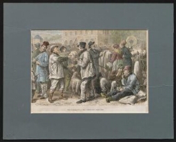 Juifs du Sundgau, dessin de Lix, d'après nature - Estampe en couleur représentant une foule de Juifs et Juives sans doute au marché, avec vaches et brebis