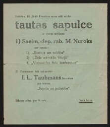 Tract annonçant la tenue d'une conférence de M. Nuroks et I. L. Taubmans, le dimanche 18 juin