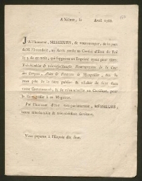 Lettre imprimée accompagnant un Arrêt rendu au Conseil d'Etat du Roi du 5 avril 1788