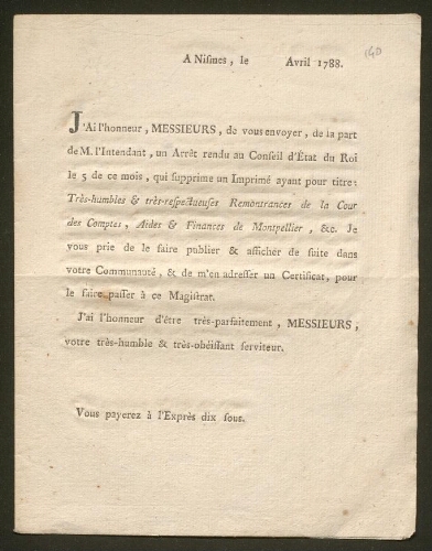 Lettre imprimée accompagnant un Arrêt rendu au Conseil d'Etat du Roi du 5 avril 1788