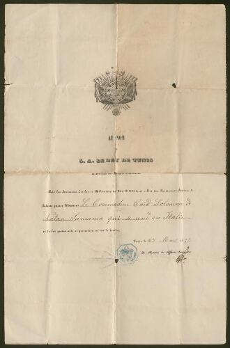 Le Passeport qui permet au Commadeur (sic) Caïd Solomon de Natan Samama d'échapper aux poursuites du Bey de Tunis  25 mars 1873