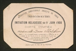Carte d'initiée au nom de Diane Modigliani pour la cérémonie de l'initiation religieuse (1908)